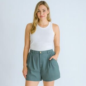 high waisted shorts 90s vintage dark green khaki cotton pleated‎ trouser shorts